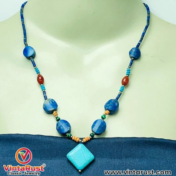 Lapis and Turquoise Beaded Necklace, Handmade Vintage Beaded Necklace - Picture 2 of 12
